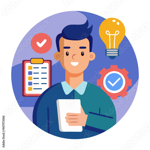 illustration of businessman with idea  holding a document and smiling, checkmark and document paper icons around him, lightbulb overhead, professional and optimistic 