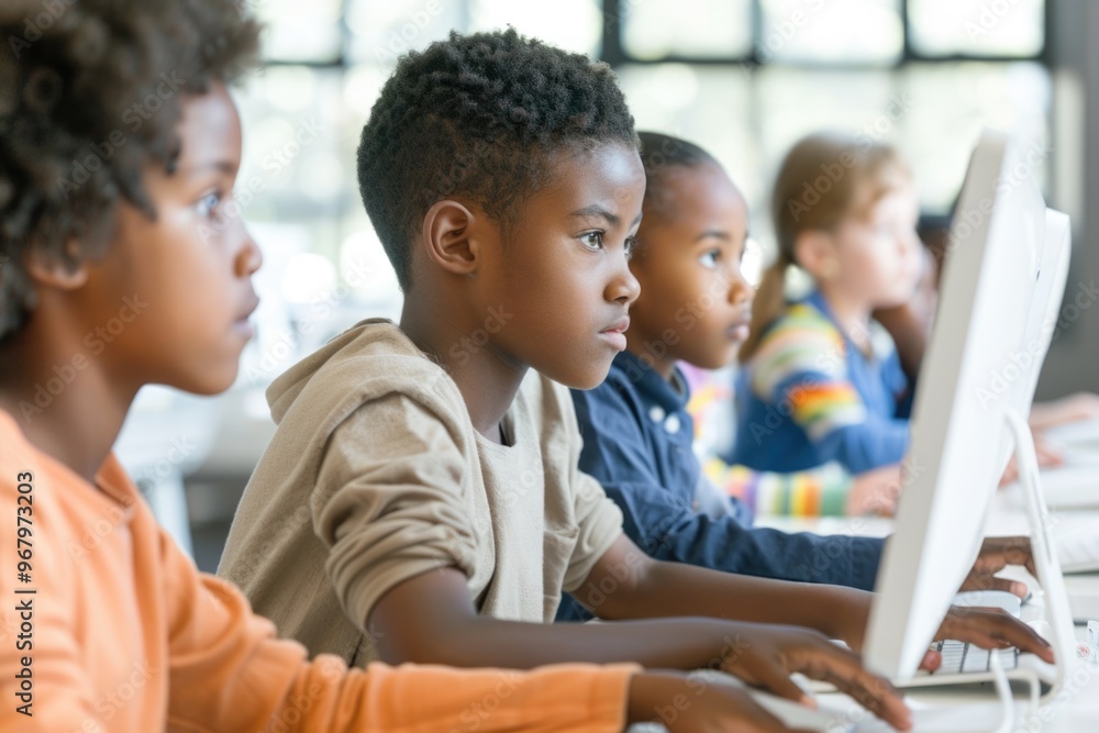 Children studying together in front of a computer with curious expressions Children studying together in front of a computer with curious expressions