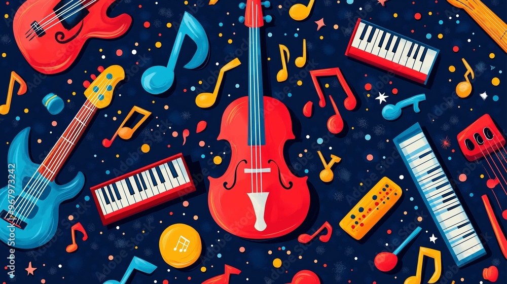 A colorful image of musical instruments and notes. Scene is lively and ...