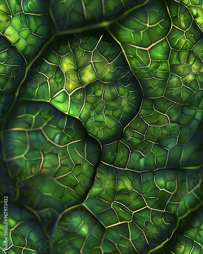 Leaf cells illuminated under a microscope, genetic structures intertwined, erythrocytes nearby, 3D illustration with vivid organic details, extreme close-up, lush greens photo