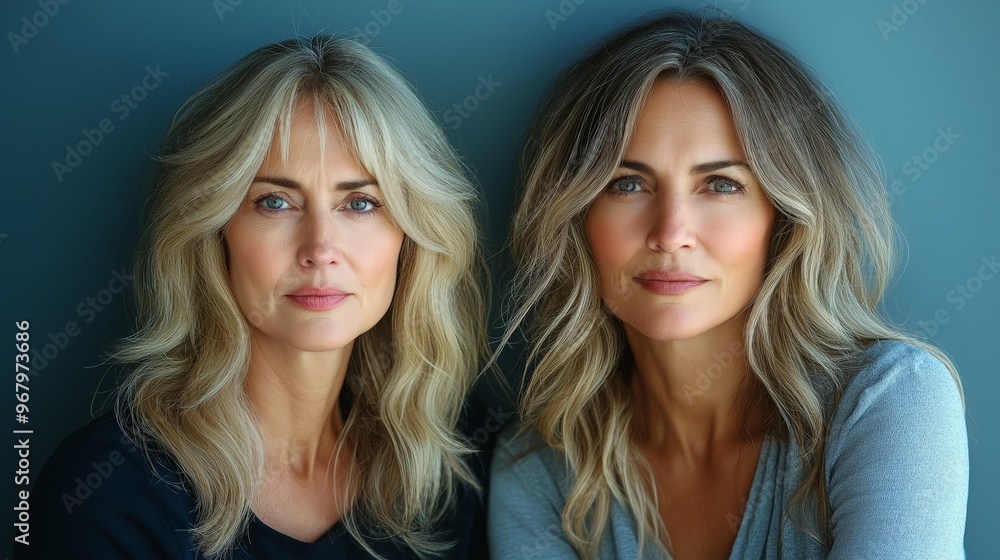 Two women with long hair are posing for a photo. Scene is casual and friendly, as the women are smiling and looking at the camera Two women with long hair are posing for a photo. Scene is casual and friendly, as the women are smiling and looking at the camera