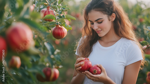 a beautiful female israeli farmer picking pomegranates, wearing plain white t-shirt, realistic photography, solid background, photo