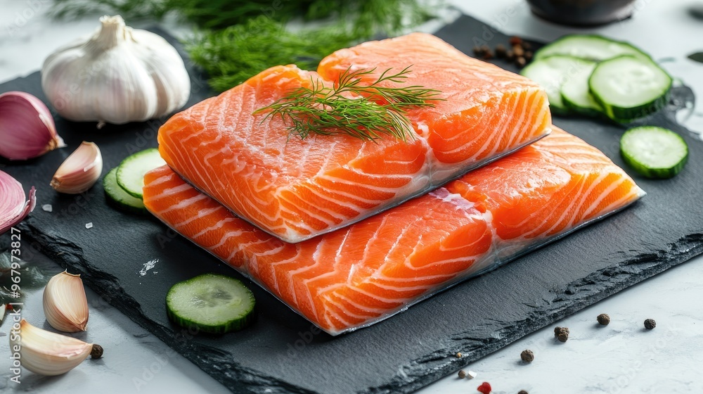Fresh salmon fish fillets stacked on a slate board, surrounded by ingredients like garlic, dill, and sliced vegetables, perfect for a healthy cooking theme Fresh salmon fish fillets stacked on a slate board, surrounded by ingredients like garlic, dill, and sliced vegetables, perfect for a healthy cooking theme