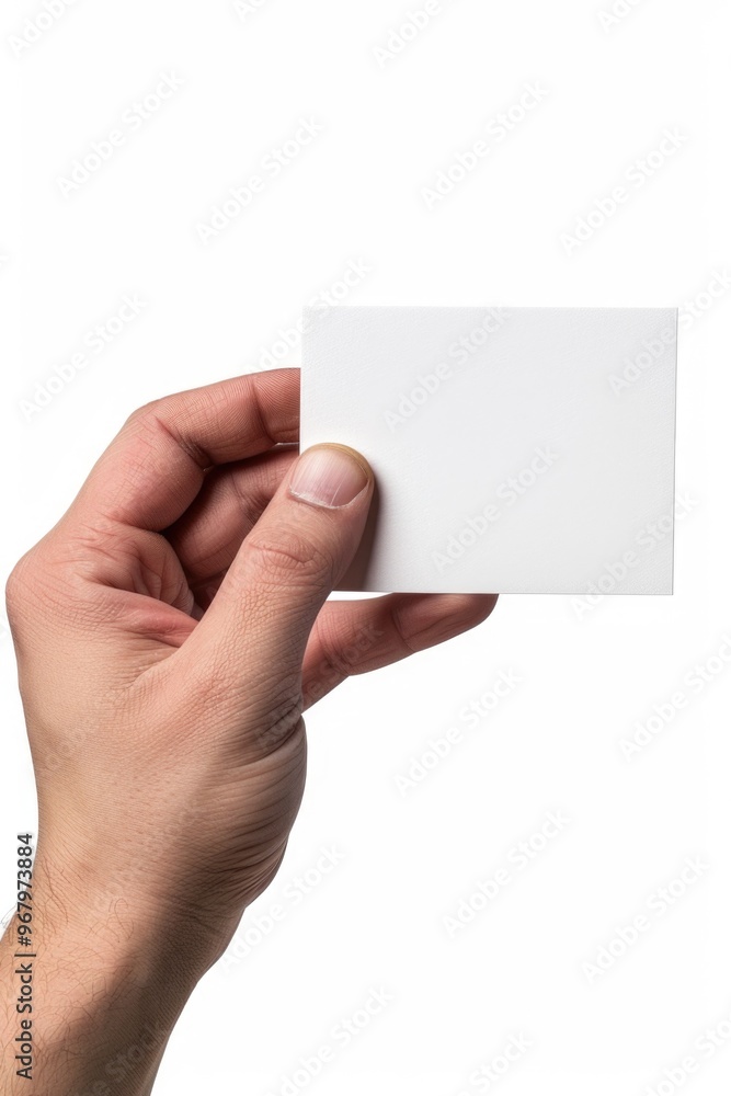 A person holding a white business card with company details A person holding a white business card with company details