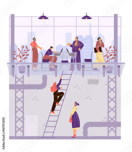Women climbing ladder to glass ceiling vector illustration