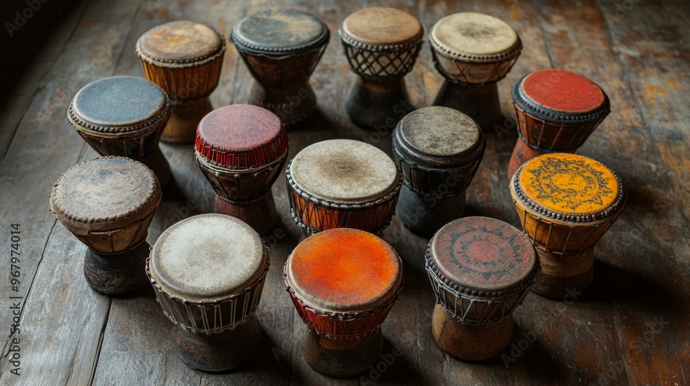 Traditional African Drums in Circular Arrangement, showcasing unique textures on a wooden floor, emphasizing cultural heritage and rhythmic artistry in a clean, simple setting Traditional African Drums in Circular Arrangement, showcasing unique textures on a wooden floor, emphasizing cultural heritage and rhythmic artistry in a clean, simple setting