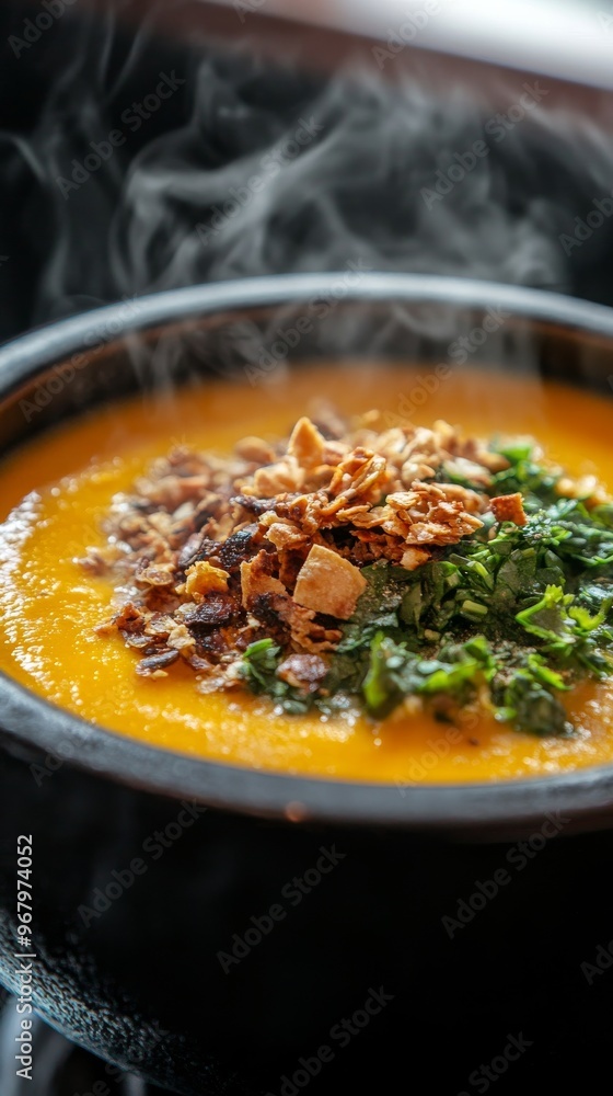 Steaming bowl of pumpkin soup with herbs and toasted onions Steaming bowl of pumpkin soup with herbs and toasted onions