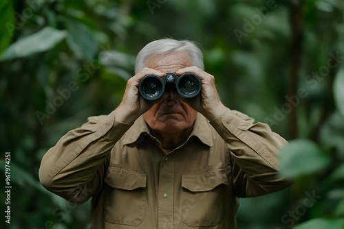 Expert Explorer in the Jungle Looking Through Binoculars | Adventurer Navigating Dense Wilderness