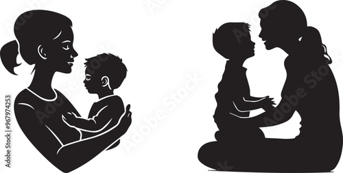 Mother son scare black silhouette vector