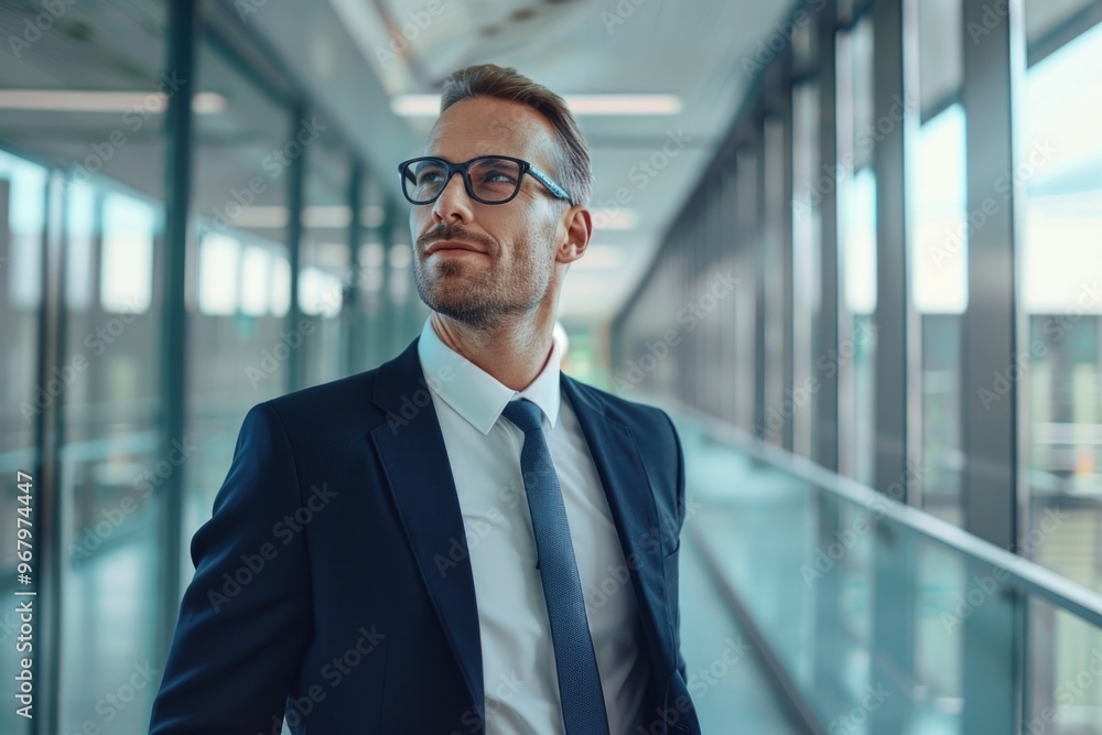 A businessman standing in a modern hallway, possibly waiting for an appointment or meeting A businessman standing in a modern hallway, possibly waiting for an appointment or meeting