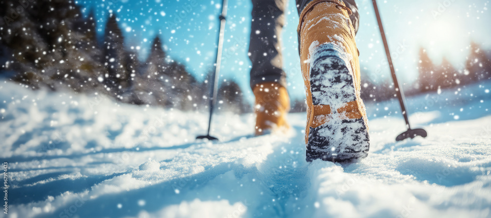 Winter hiking in snow-covered forest. Close-up of boots and snow with sun flare. Winter sports and outdoor activity concept. Winter hiking in snow-covered forest. Close-up of boots and snow with sun flare. Winter sports and outdoor activity concept.
