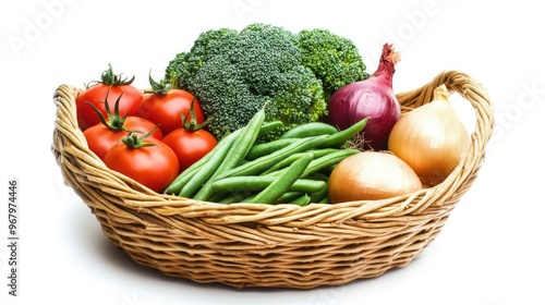 Fresh vegetables in a basket: broccoli, onions, tomatoes, and green beans, isolated on a clean white background, perfect for healthy food themes