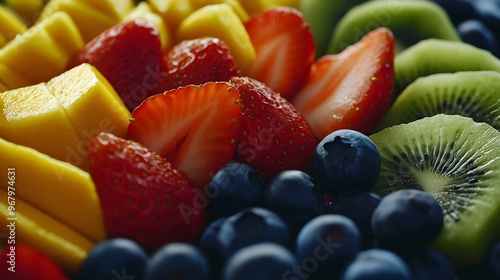 Fruit Platter with Mixed Berries
A colorful fruit platter featuring strawberries, blueberries, mango slices, and kiwis, artfully displayed. photo