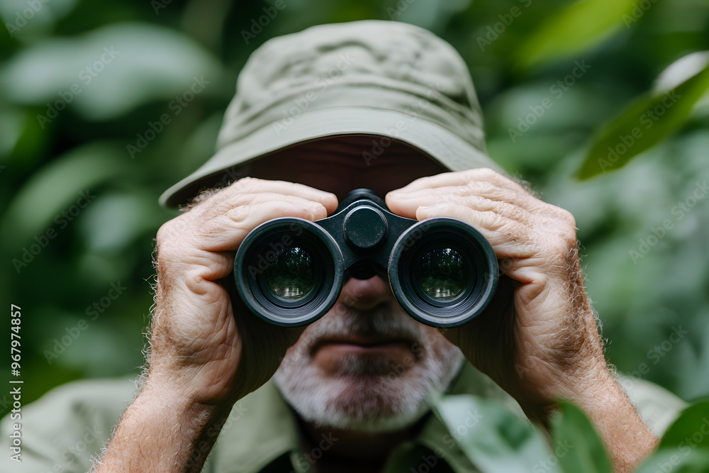 Expert Explorer in the Jungle Looking Through Binoculars | Adventurer Navigating Dense Wilderness Expert Explorer in the Jungle Looking Through Binoculars | Adventurer Navigating Dense Wilderness