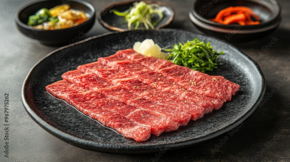 Freshly sliced raw beef with rich marbled texture, arranged on a plate for Sukiyaki, Shabu, or Yakiniku. Served with side dishes and dipping sauces. Freshly sliced raw beef with rich marbled texture, arranged on a plate for Sukiyaki, Shabu, or Yakiniku. Served with side dishes and dipping sauces.