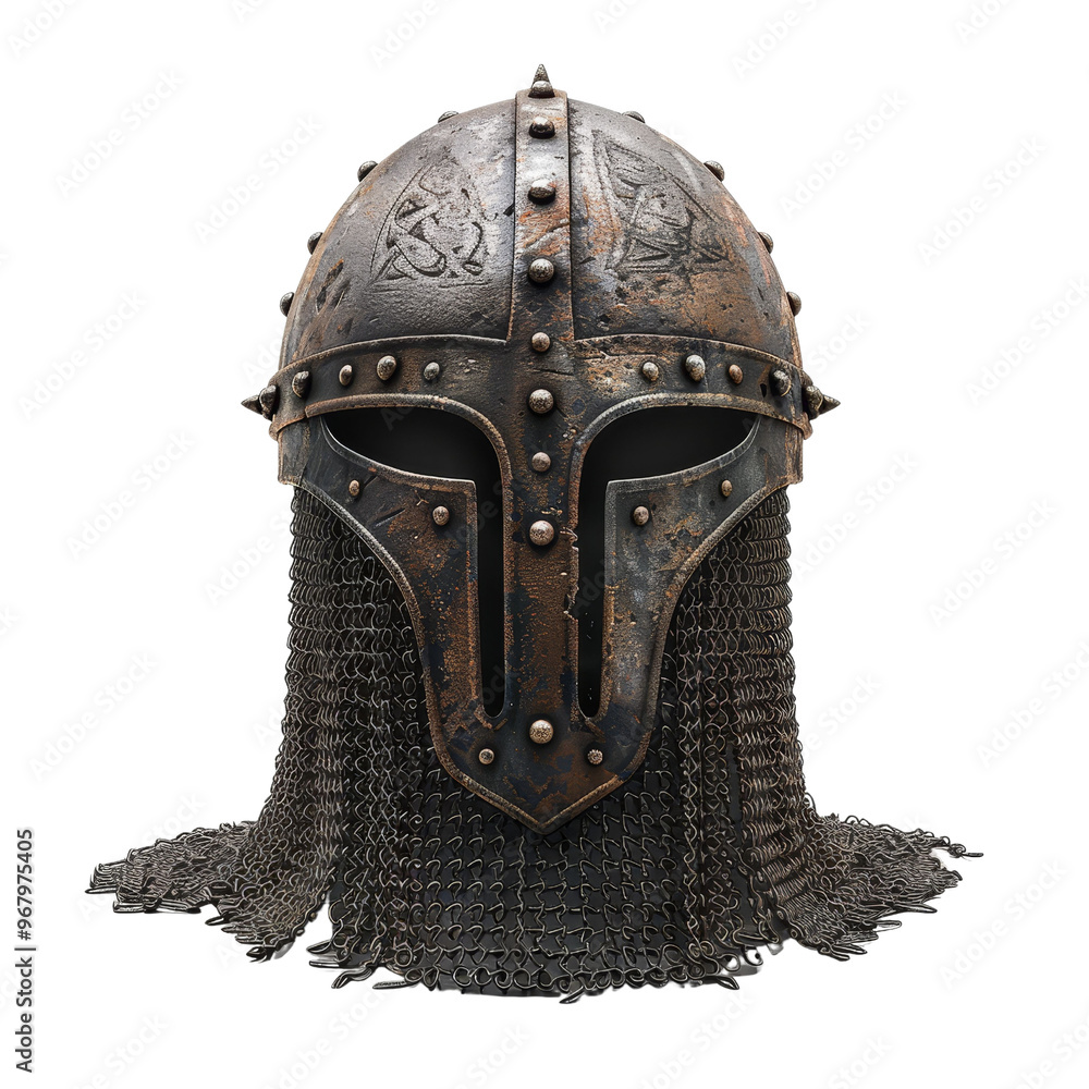 An antique warrior helmet featuring intricate designs and chainmail, isolated on white background, transparent background An antique warrior helmet featuring intricate designs and chainmail, isolated on white background, transparent background