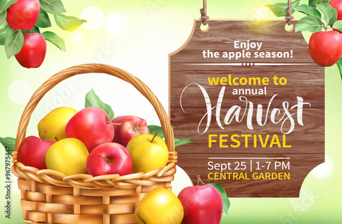 Harvest festival poster design with basket with apples and wooden signboard. Invitation for crop fest. Vector illustration.