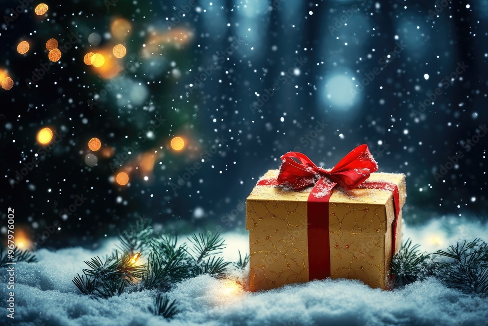 Christmas background with golden gift box and red ribbon on snow, glowing lights, bokeh, and dark forest. Christmas card design with copy space. Christmas background with golden gift box and red ribbon on snow, glowing lights, bokeh, and dark forest. Christmas card design with copy space.