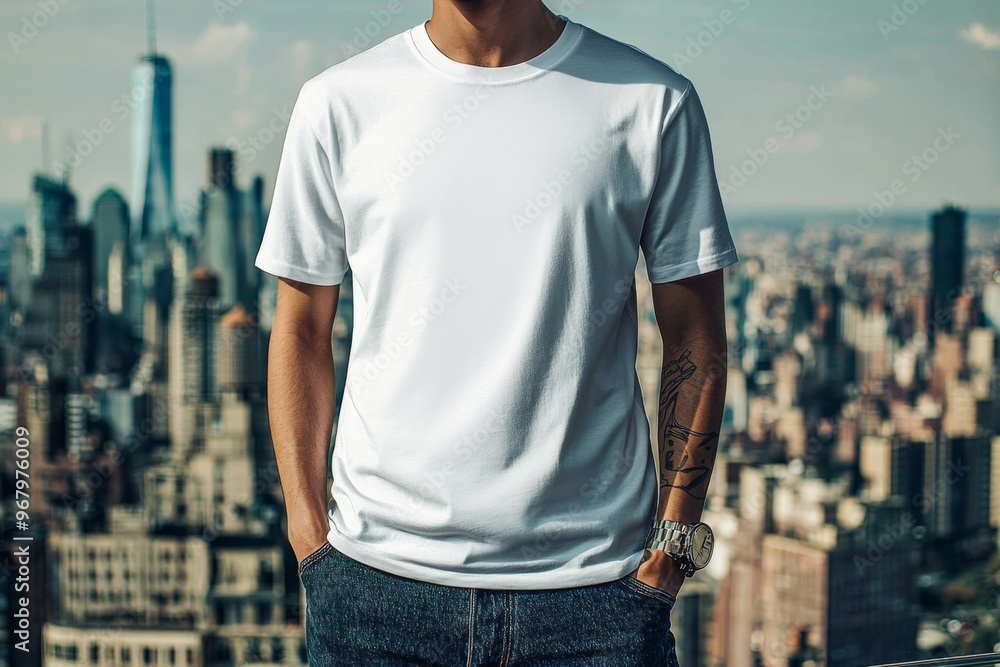 T-shirt worn by a model in an urban street wear style created with Generative AI T-shirt worn by a model in an urban street wear style created with Generative AI