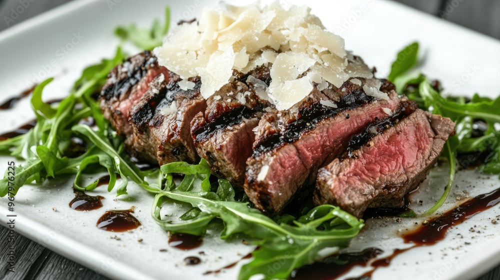 Gourmet presentation of a grilled chuck roll steak with arugula, topped with shavings of Parmesan cheese and a balsamic reduction drizzle Gourmet presentation of a grilled chuck roll steak with arugula, topped with shavings of Parmesan cheese and a balsamic reduction drizzle