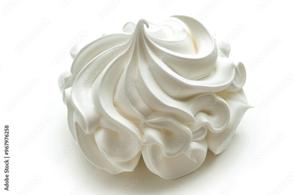 A close-up shot of fluffy and creamy whipped topping on a white surface, ideal for use in food, dessert or culinary context A close-up shot of fluffy and creamy whipped topping on a white surface, ideal for use in food, dessert or culinary context