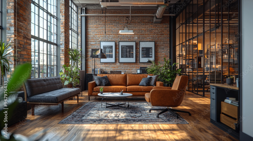 A modern office space with a brown leather sofa and an armchair, perfect for relaxing. A modern office space with a brown leather sofa and an armchair, perfect for relaxing.