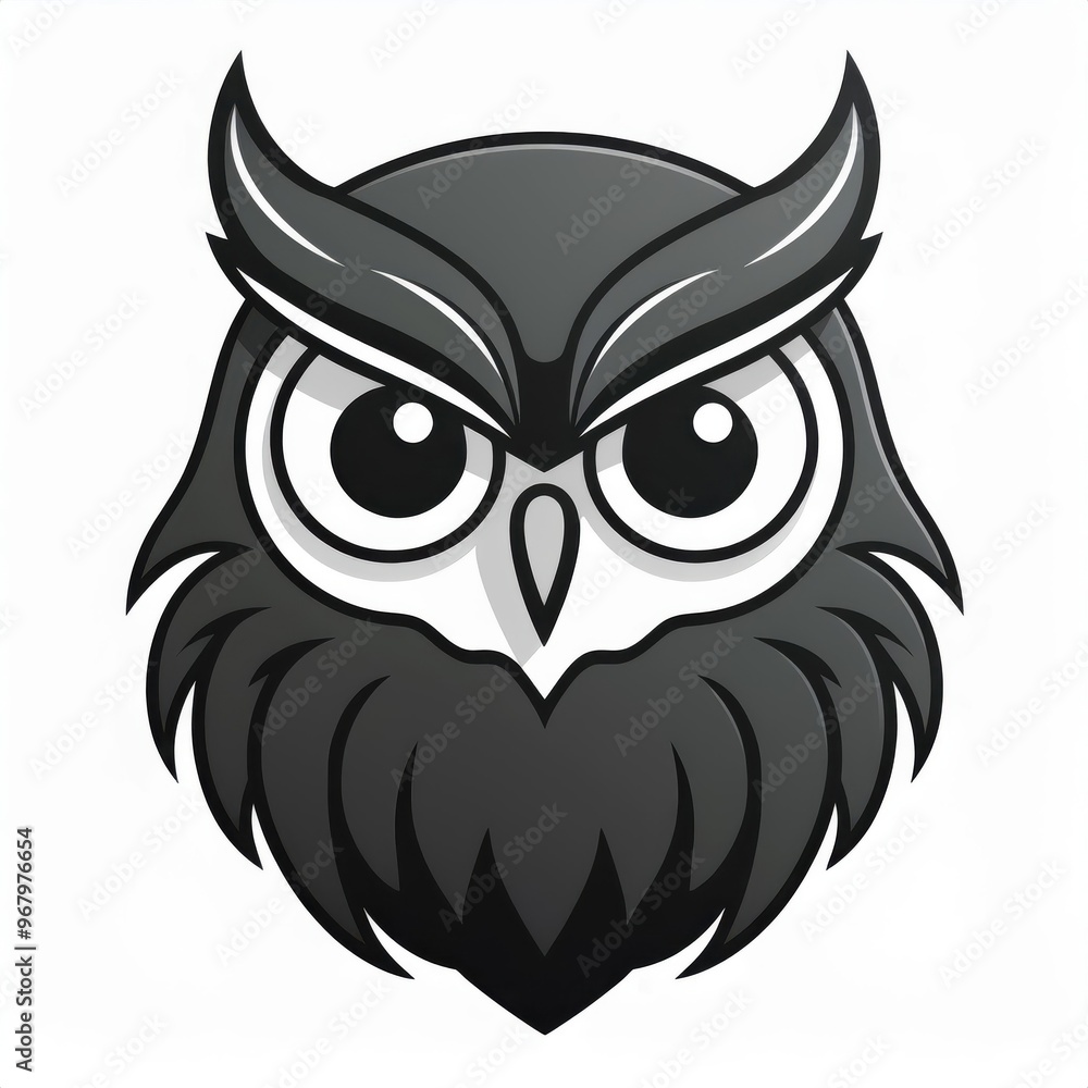 Minimalist Gray Cartoon Owl Mascot with Large Expressive Eyes and Stylized Feathers, Featuring Bold Black and White Color Scheme on a Clean White Backgroun. Perfect for Logos, Icons Halloween Design Minimalist Gray Cartoon Owl Mascot with Large Expressive Eyes and Stylized Feathers, Featuring Bold Black and White Color Scheme on a Clean White Backgroun. Perfect for Logos, Icons Halloween Design