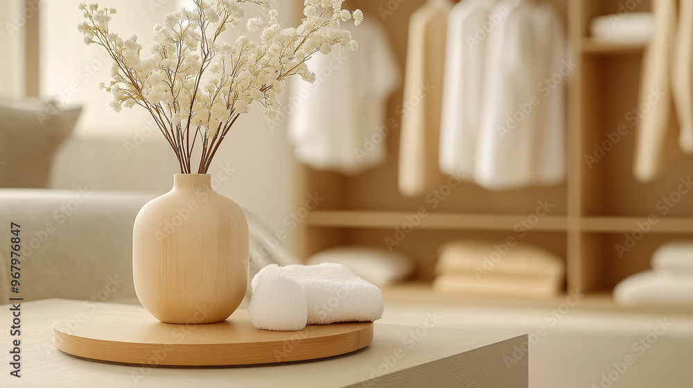 The inside of a cozy clothing store with a small, prominent aroma diffuser placed on a central plateau, surrounded by neatly arranged clothes. The soft lighting and colorful, simpl The inside of a cozy clothing store with a small, prominent aroma diffuser placed on a central plateau, surrounded by neatly arranged clothes. The soft lighting and colorful, simpl