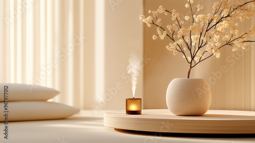 Wallpaper Mural A clothing store interior with a light and colorful design, showcasing a small aroma diffuser in the center of the space on a raised plateau, creating a peaceful, cozy ambiance in Torontodigital.ca