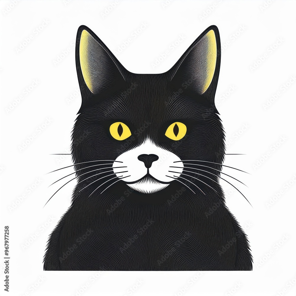Minimalist Vector Illustration of a Black Cat with Yellow Eyes Sitting Calmly on a White Background, Featuring a Symmetrical Design and Clean Lines for a Modern, Simple Halloween Aesthetic, Logo Icon Minimalist Vector Illustration of a Black Cat with Yellow Eyes Sitting Calmly on a White Background, Featuring a Symmetrical Design and Clean Lines for a Modern, Simple Halloween Aesthetic, Logo Icon