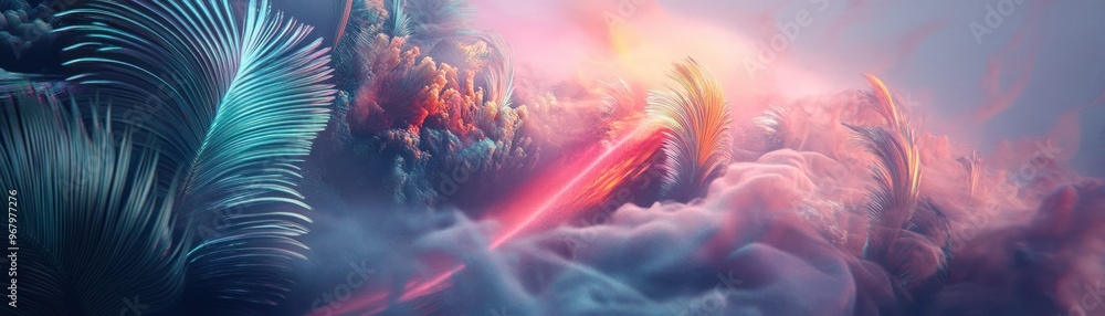 Abstract Digital Art with Colorful Feathers and Clouds Abstract Digital Art with Colorful Feathers and Clouds