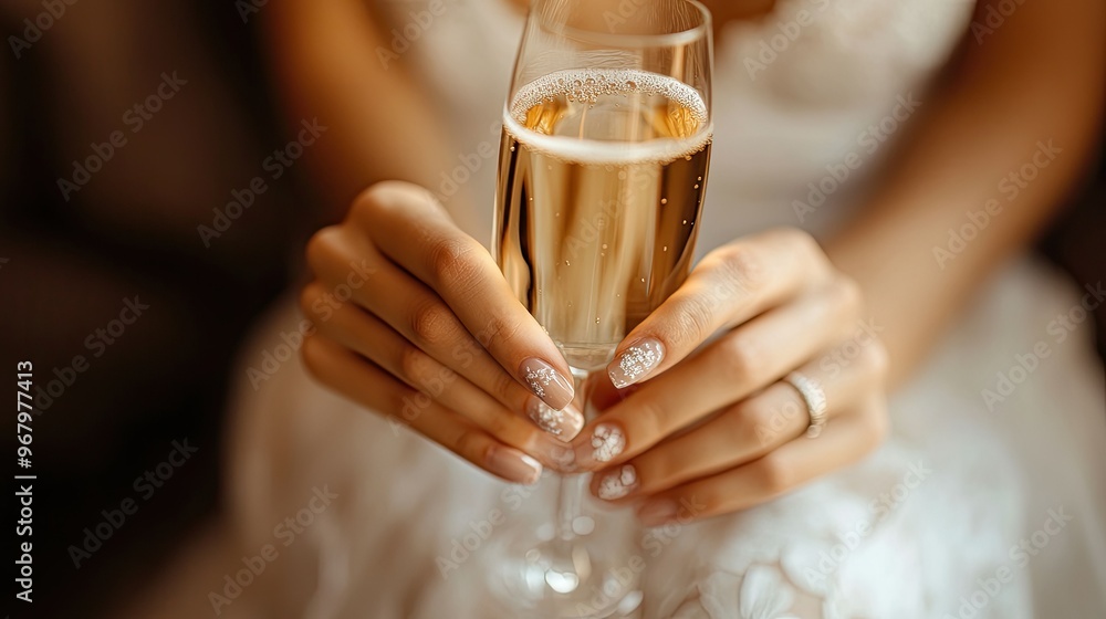 Hands with festive French manicure holding a glass of champagne, capturing the elegance and celebration of a wedding day Hands with festive French manicure holding a glass of champagne, capturing the elegance and celebration of a wedding day