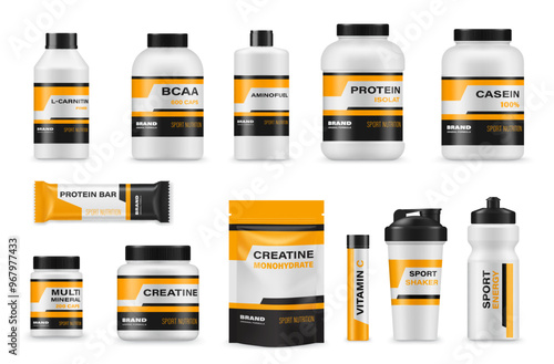 Protein sport nutrition supplement package mockups. Pill bottles, protein tub, gainer whey powder and shaker bottles. Realistic 3d vector packaging and containers feature white and orange color scheme