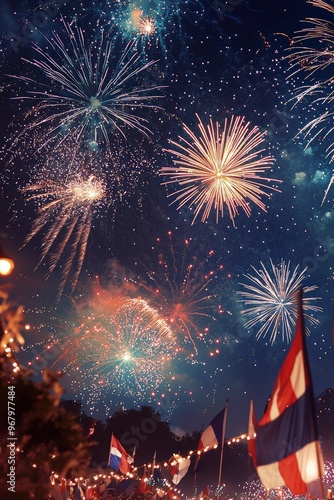 Spectacular Fireworks Over Bastille Day Celebration with French Flags and Sparkling Illuminations photo