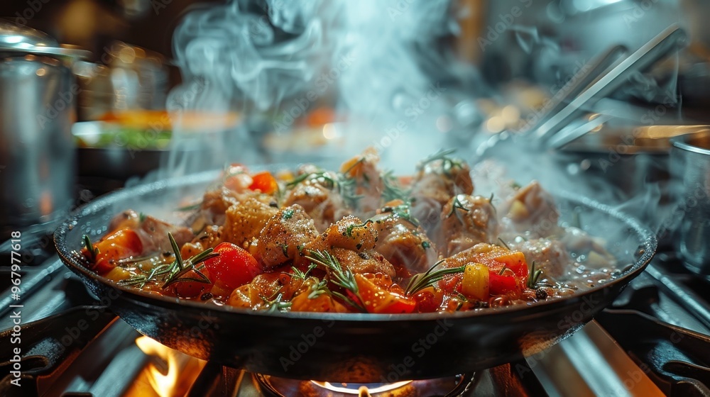 Meat stewed in a frying pan on a fire in the restaurant Meat stewed in a frying pan on a fire in the restaurant
