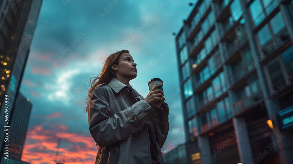 A woman enjoying her coffee in a bustling city street at dawn. The sky is filled with thick clouds, creating a cool, blue ambiance. She wears a chic trench coat and holds the coffee with both hands to A woman enjoying her coffee in a bustling city street at dawn. The sky is filled with thick clouds, creating a cool, blue ambiance. She wears a chic trench coat and holds the coffee with both hands to