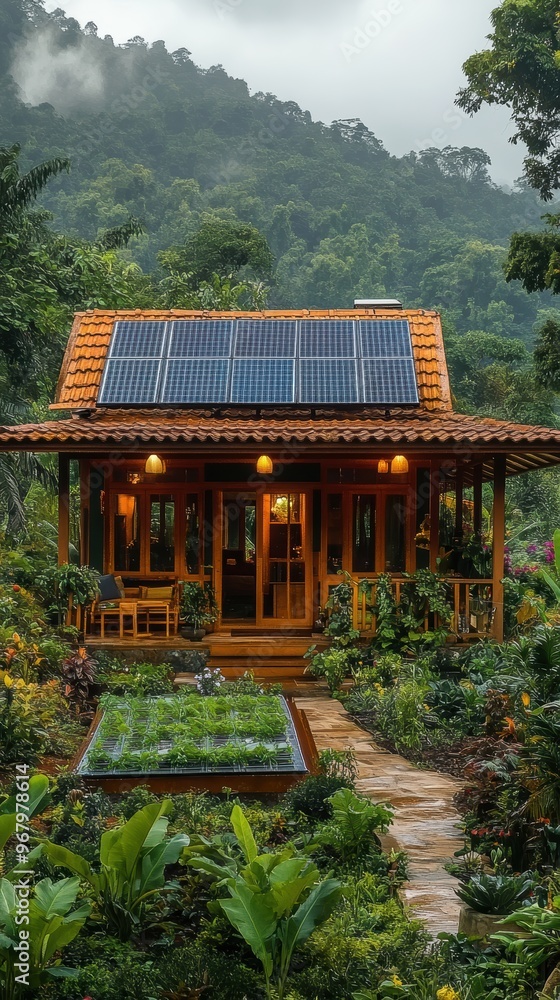 A Stunning Eco-Friendly House Surrounded by Lush Greenery and Solar Panels Above A Stunning Eco-Friendly House Surrounded by Lush Greenery and Solar Panels Above