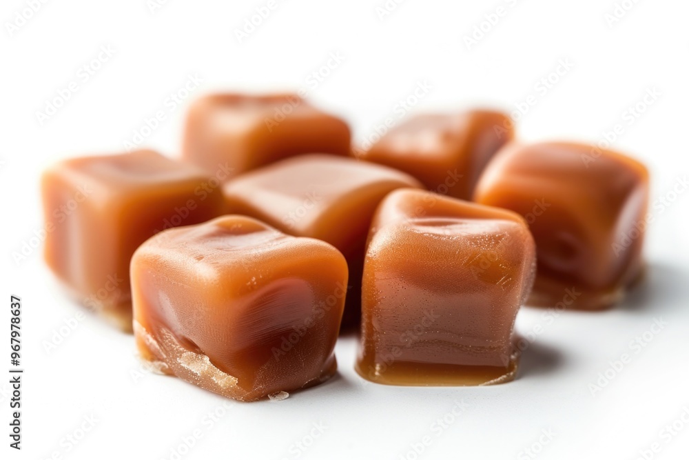 A pile of caramels sitting on a white surface, ideal for food or confectionery photography A pile of caramels sitting on a white surface, ideal for food or confectionery photography