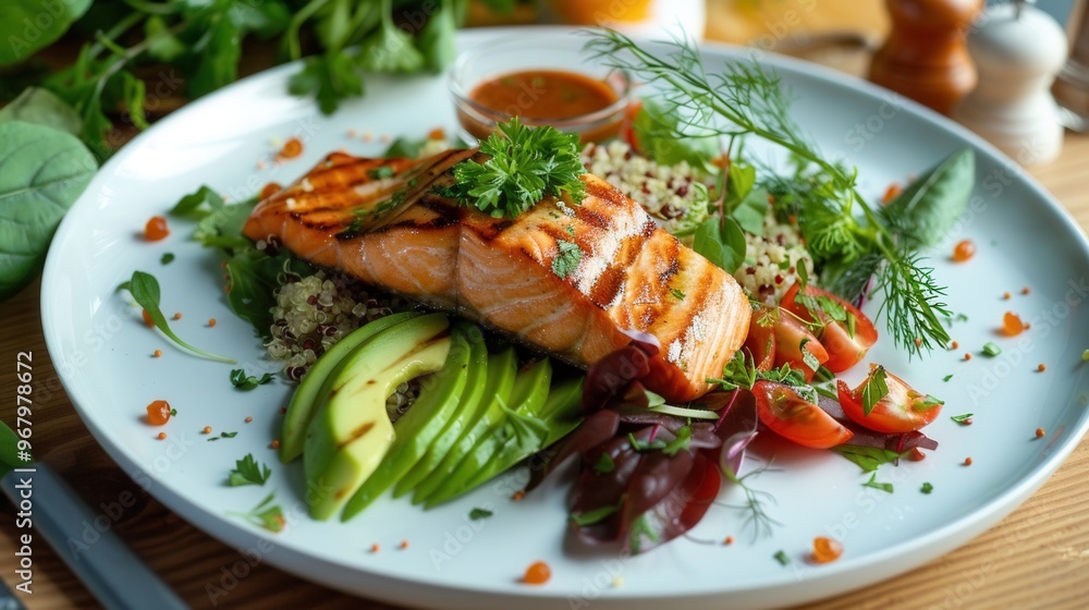 Healthy grilled salmon with fresh avocado, quinoa, and vegetables, garnished with herbs on a white plate. Healthy grilled salmon with fresh avocado, quinoa, and vegetables, garnished with herbs on a white plate.