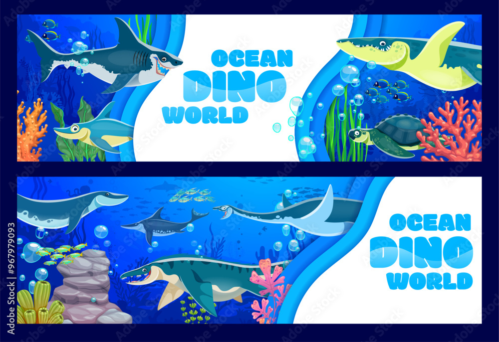 Vetor de Cartoon underwater prehistoric dinosaurs and reptiles, paper ...