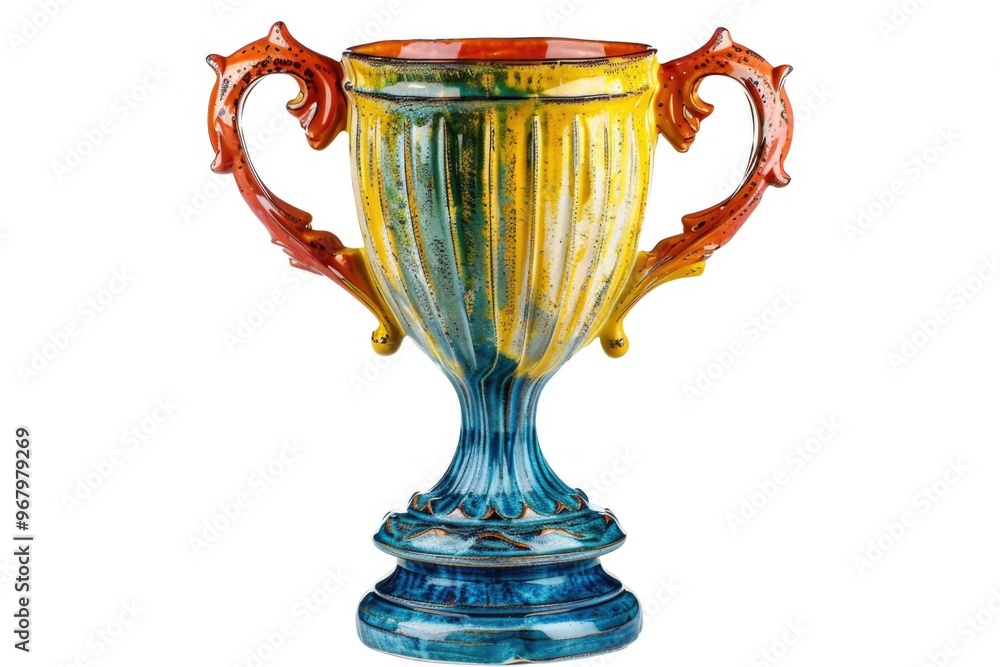 A blue and yellow vase sits on a table, a simple decorative piece A blue and yellow vase sits on a table, a simple decorative piece