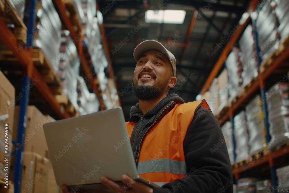 A person wearing an orange vest and holding a laptop A person wearing an orange vest and holding a laptop