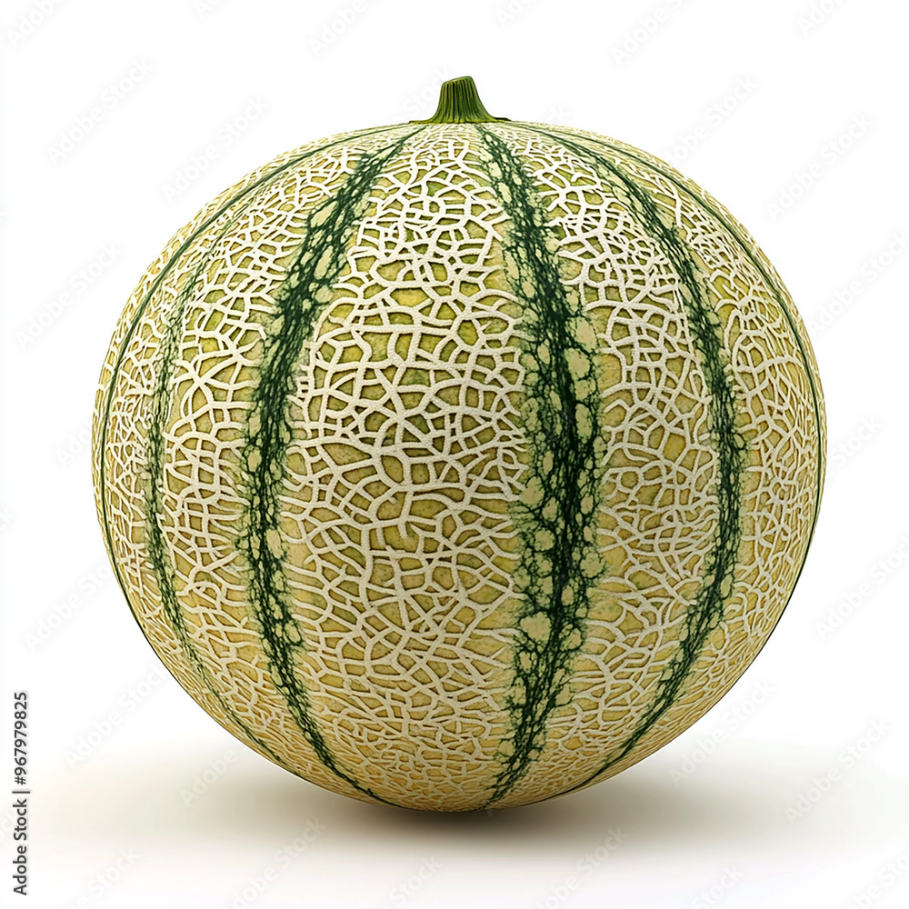 A realistic photograph of a whole melon, a solid light yellow color with green patterns on it, isolated against a white background A realistic photograph of a whole melon, a solid light yellow color with green patterns on it, isolated against a white background