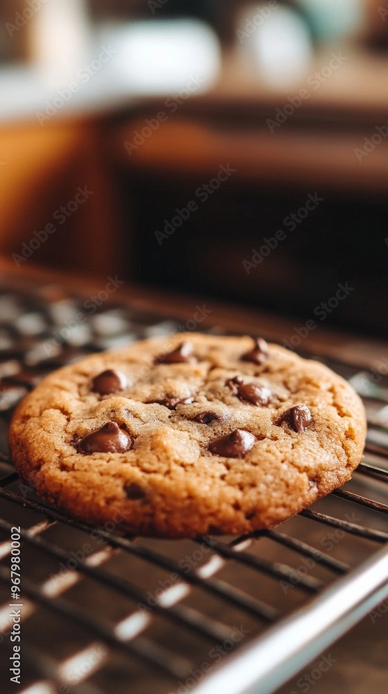 Chocolate chip cookie on cooling rack, warm kitchen ambiance. Homemade dessert and baking concept Chocolate chip cookie on cooling rack, warm kitchen ambiance. Homemade dessert and baking concept