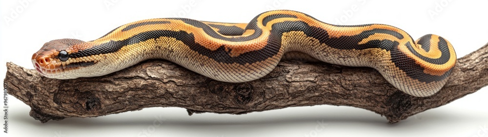 Ball Python Embracing a Branch, a striking full-body view of a vibrant ball python elegantly coiled around a branch, set against a pristine white backdrop. Ball Python Embracing a Branch, a striking full-body view of a vibrant ball python elegantly coiled around a branch, set against a pristine white backdrop.