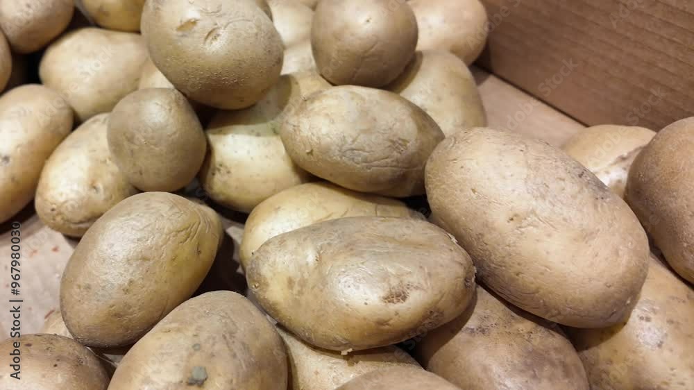 A pile of fresh, unwashed potatoes in a cardboard box, perfect for cooking, Thanksgiving, and healthy eating concepts A pile of fresh, unwashed potatoes in a cardboard box, perfect for cooking, Thanksgiving, and healthy eating concepts