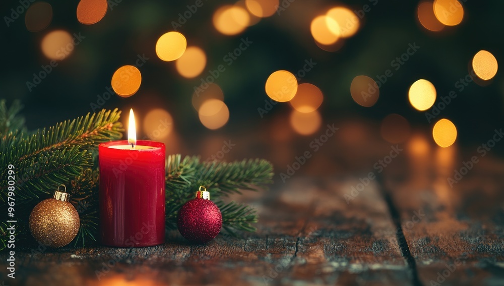Christmas background with red candle, pine branches, and baubles on a wooden table, golden lights, and bokeh in the background. Christmas background with red candle, pine branches, and baubles on a wooden table, golden lights, and bokeh in the background.