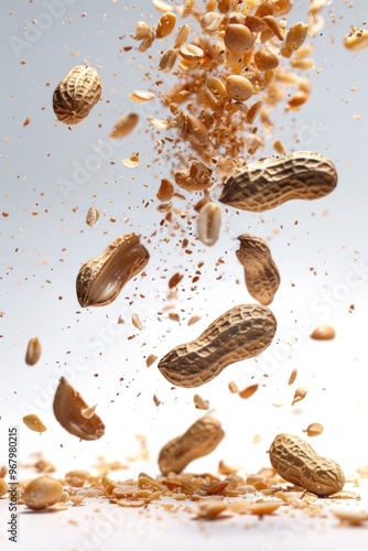 A bunch of peanuts falling from above into the air