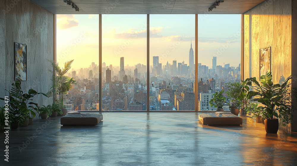 Fototapeta premium Spacious urban living room with floor to ceiling windows overlooking the city.