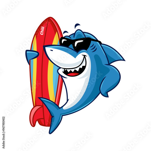 Cartoon cool shark with sunglasses holding a surfboard. Surfing logo concept illustration.